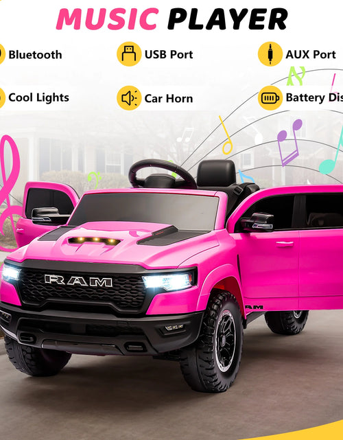 Load image into Gallery viewer, Dodge RAM Ride on Car, 12V Powered Ride on Toy with Remote Control, Rear Wheel Suspension, 5 Point Safety Belt, MP3 Player, Bluetooth, LED Lights, Electric Vehicles for 3-8 Years Boys Girls, Pink
