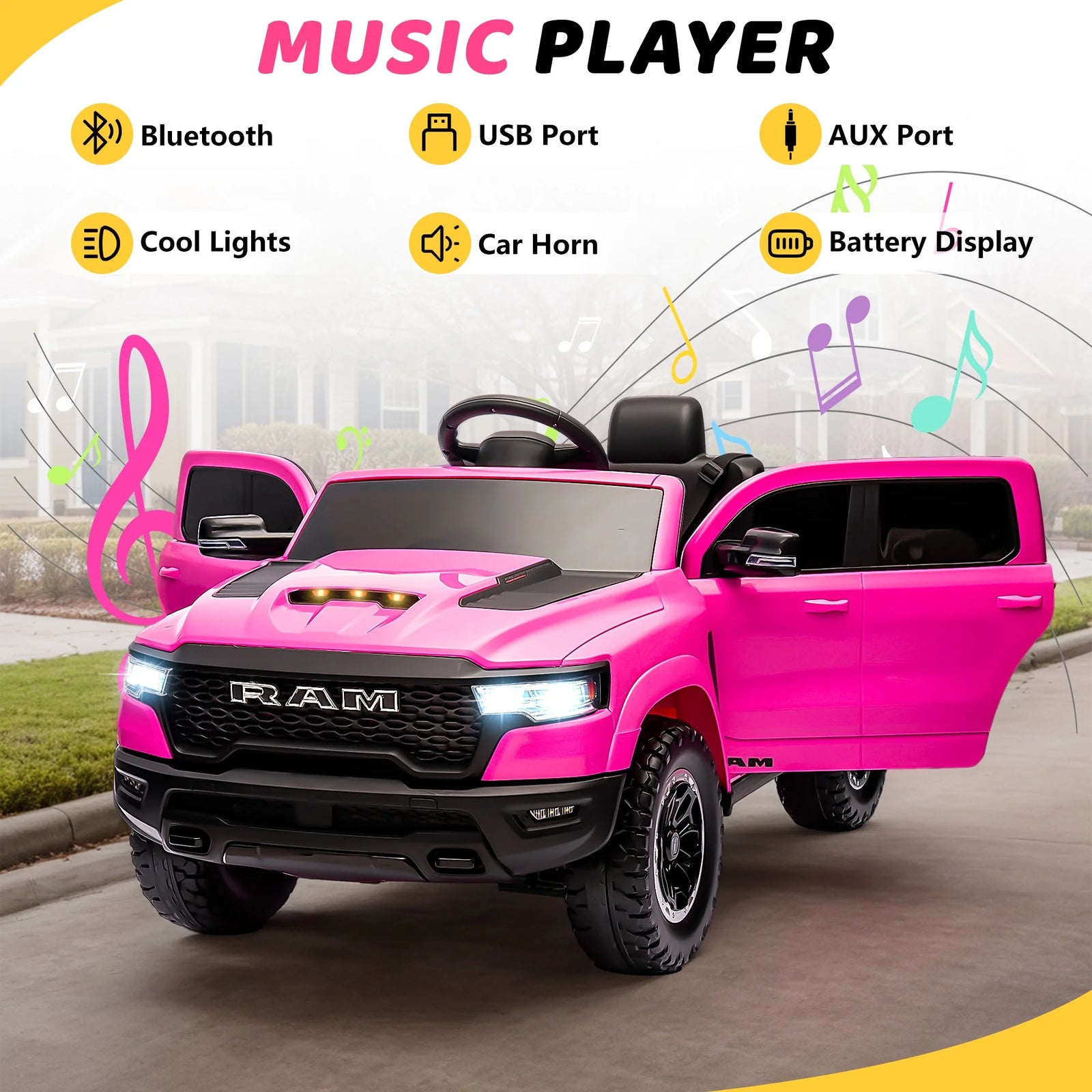 Dodge RAM Ride on Car, 12V Powered Ride on Toy with Remote Control, Rear Wheel Suspension, 5 Point Safety Belt, MP3 Player, Bluetooth, LED Lights, Electric Vehicles for 3-8 Years Boys Girls, Pink