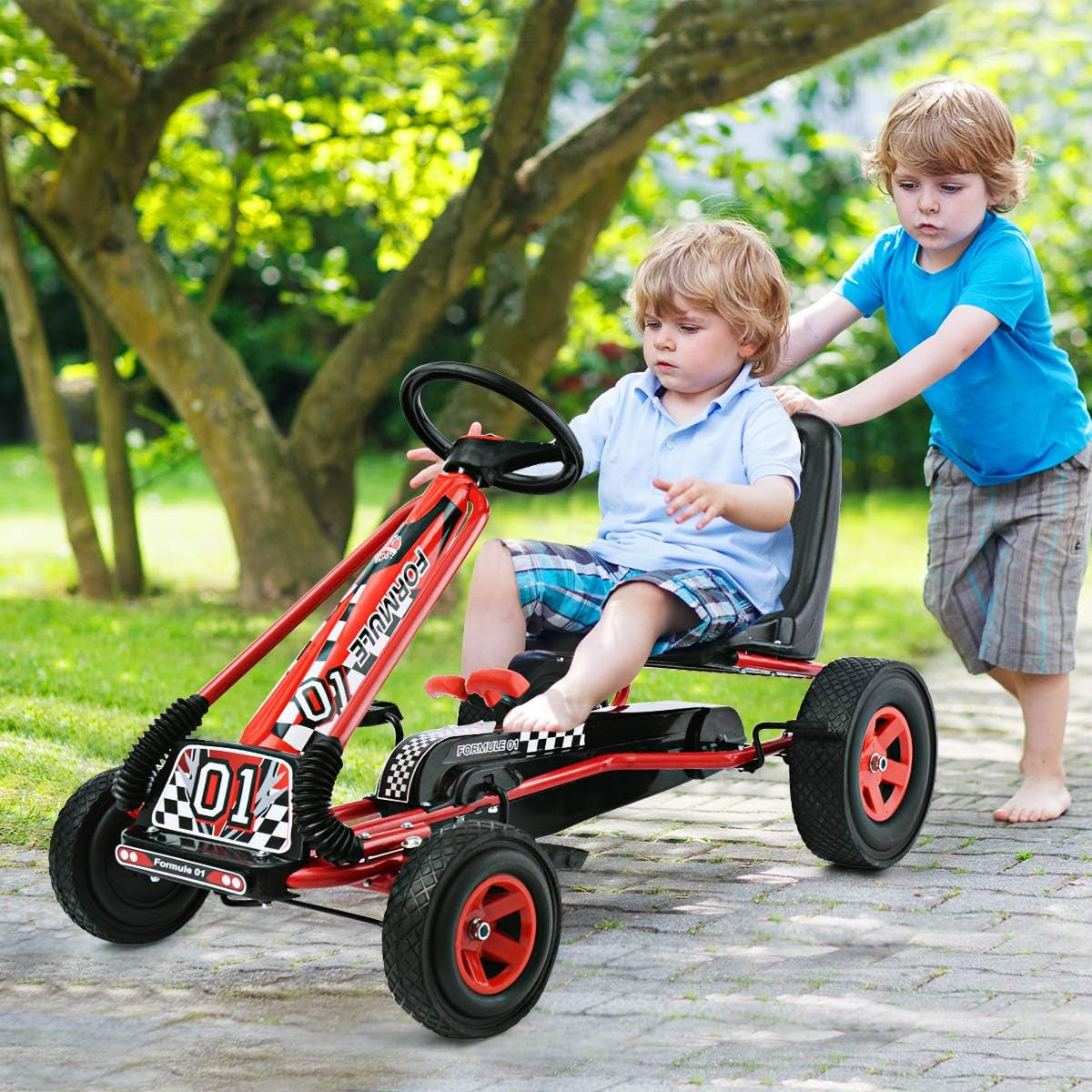 Go Kart for Kids, 4 Wheel Quad Off-Road Pedal on Foot Go Cart W/Steering Wheels & Adjustable Seat, 2 Safety Brakes, EVA Tires, Clutch, Outdoor Racer Ride on Pedal Car (Red)