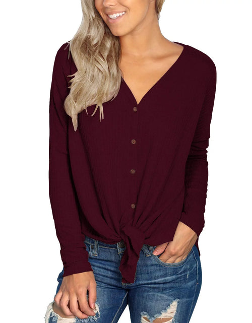 Load image into Gallery viewer, Womens Loose Blouse Long Sleeve V Neck Button down T Shirts Tie Front Knot Casual Tops Wine Red L
