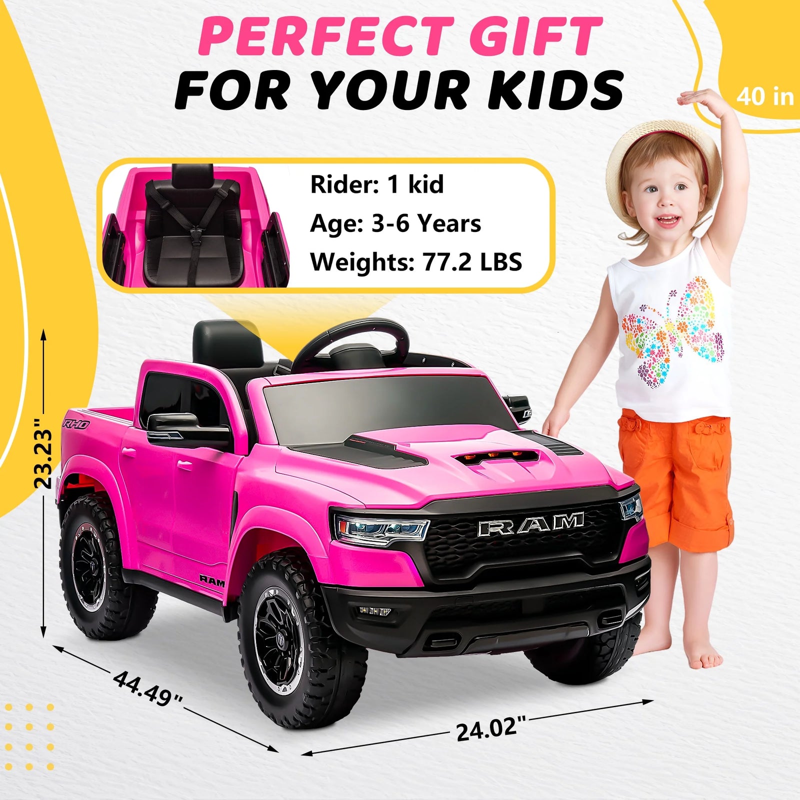 Dodge RAM Ride on Car, 12V Powered Ride on Toy with Remote Control, Rear Wheel Suspension, 5 Point Safety Belt, MP3 Player, Bluetooth, LED Lights, Electric Vehicles for 3-8 Years Boys Girls, Pink