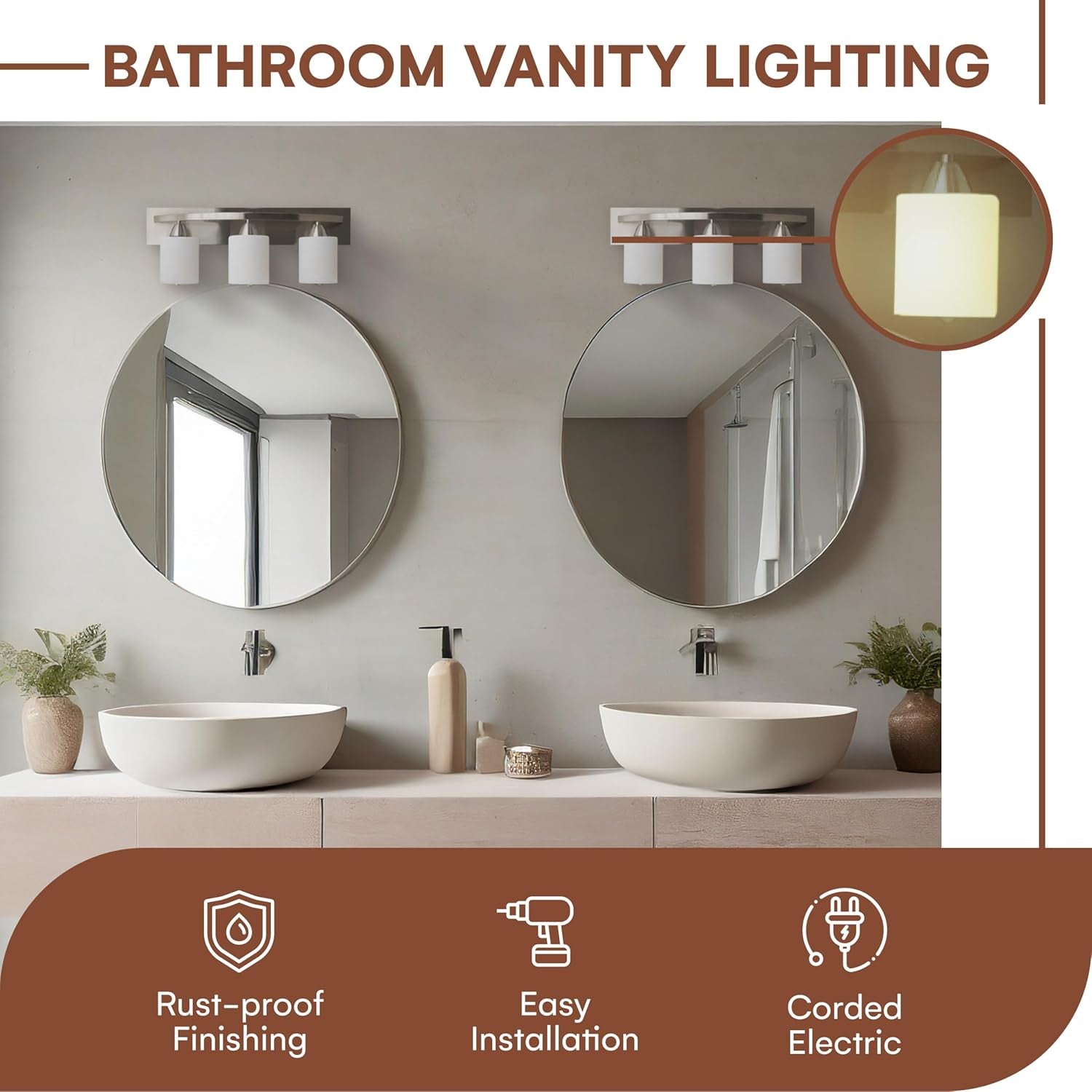 | Bathroom Vanity Light Bar | Interior Bathroom Lighting Fixtures with Modern Glass Shade | Bathroom Lights over Mirror | (Brushed Nickel, 3 Lights, E26 100W LED, Bulbs Not Included)